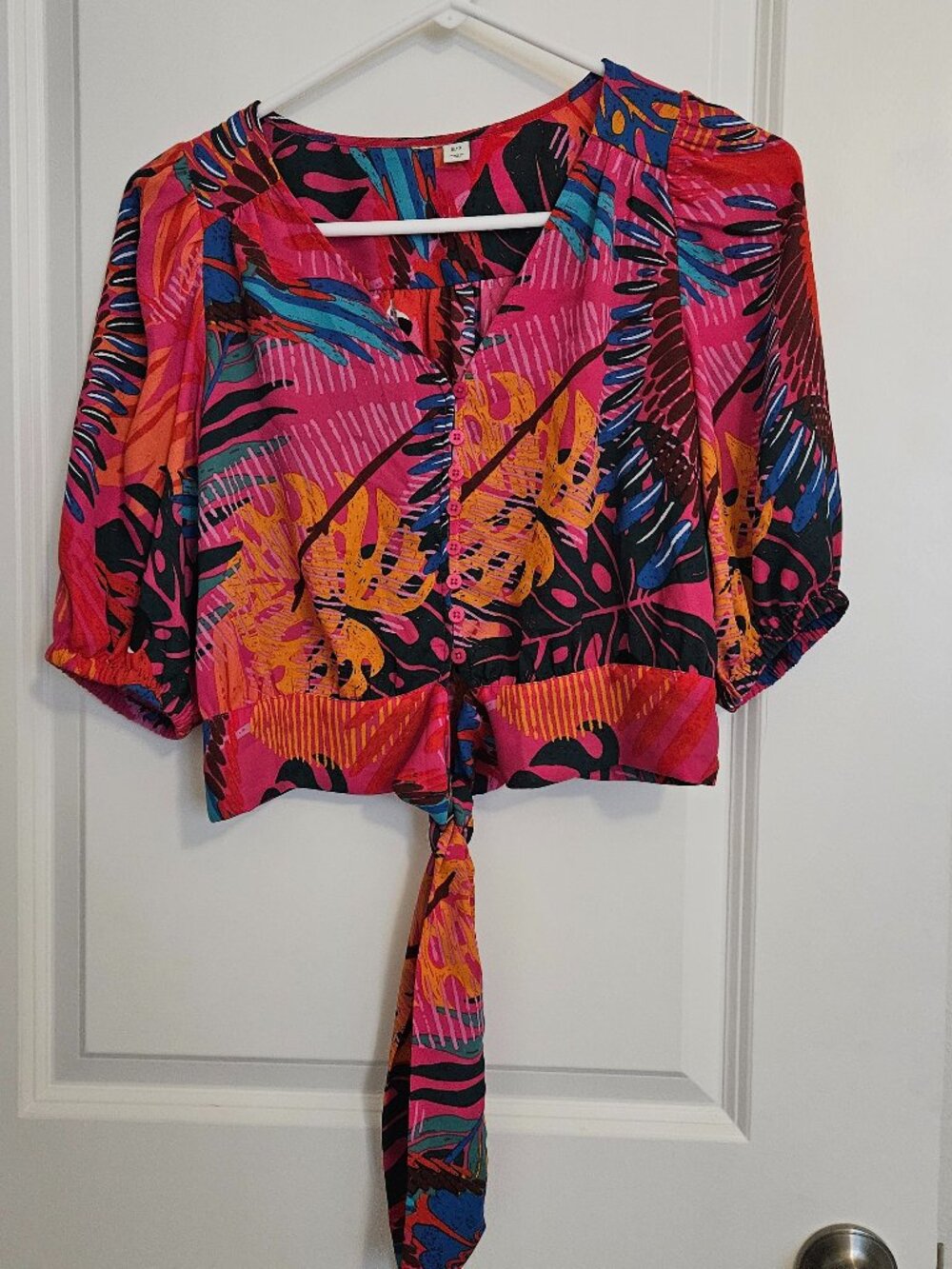 Tropical Leaf Print Button Front Balloon Sleeve Tie Blouse Size S